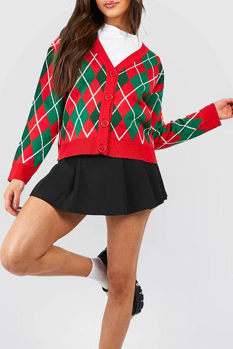 Vintage Argyle V Neck Button Cardigan