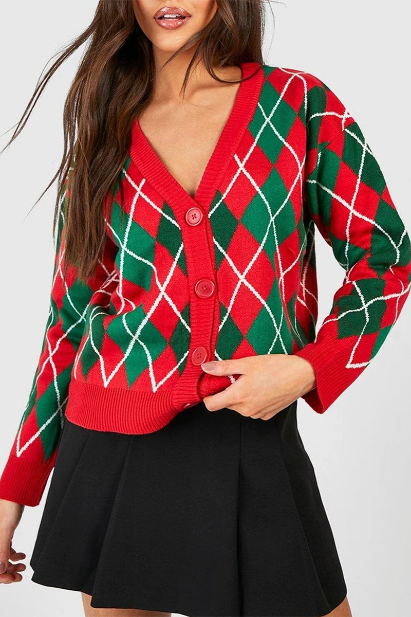 Vintage Argyle V Neck Button Cardigan