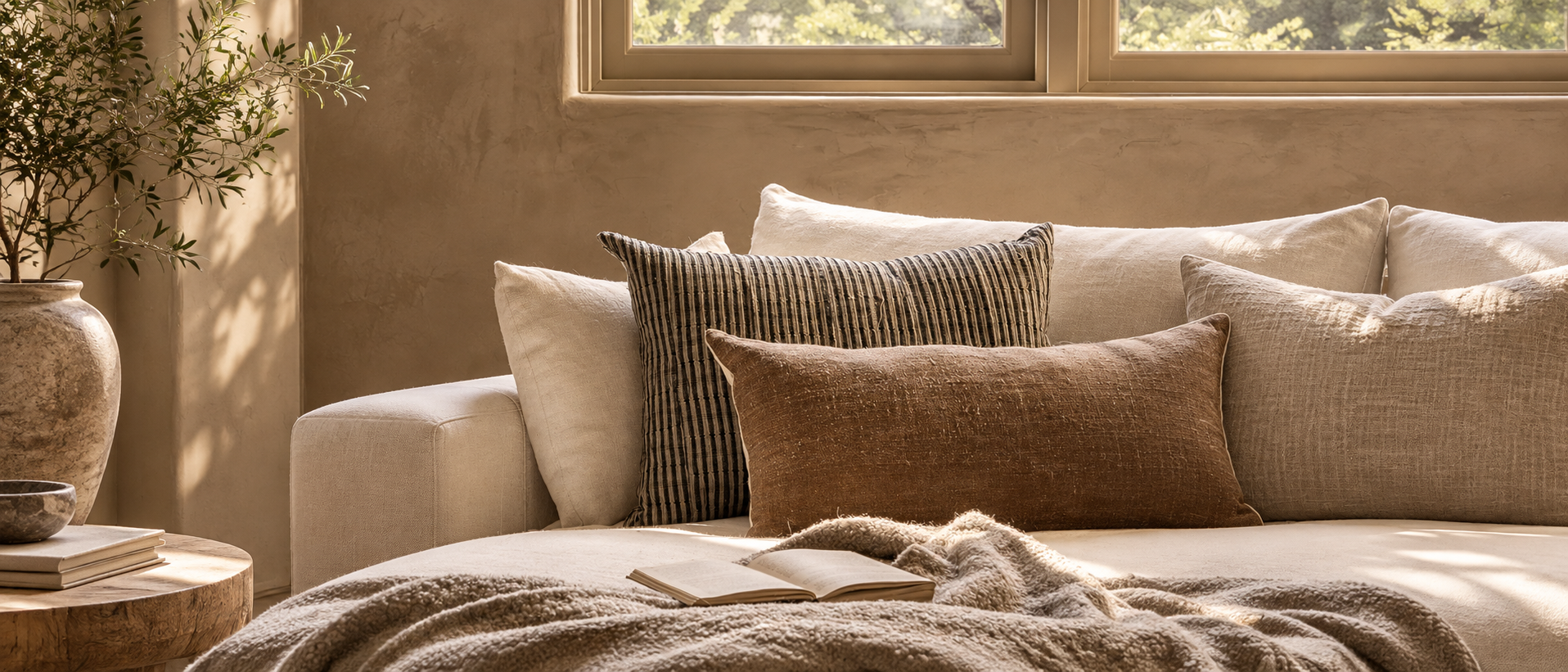 Soft home textiles styled in a warm interior